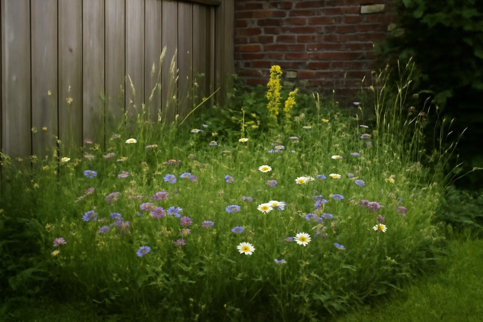 Small pocket meadow with wildflowers and grasses in a backyard corner