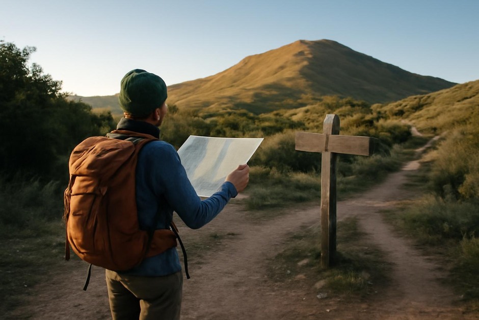 A hiker standing at a trail junction looking at a map and a sunlit ridge beyond
