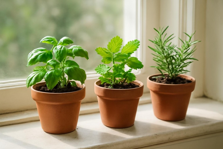 Small terracotta pots with basil, mint, and rosemary on a sunny windowsill